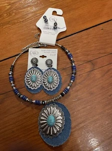Western Turquoise & Denim Necklace With Clip Earrings - Picture 1 of 3