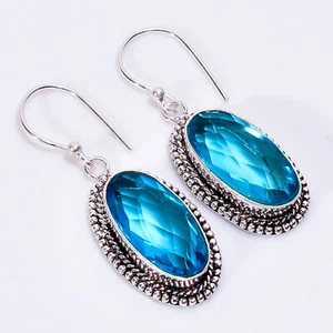 Sky Blue Topaz Fashion Jewelry 925 Sterling Silver Dangle Earrings 1.7" ARE-1568 - Picture 1 of 3