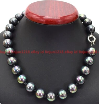 ENORME HERMOSO COLLAR DE GEMAS REDONDAS DE PERLAS CONCHA DE MAR DEL SUR NEGRO ARCO IRIS DE 14 MM 18" Foto 1 de 4