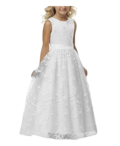 Flower Girl Dress with Belt A-Line Lace for Wedding Pageant Size 8-9y - Picture 1 of 5