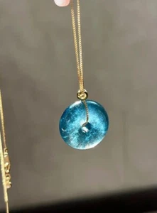 Natural Blue Aquamarine Women Pendant Doughn Round 14K Gold Pearl Bads healing - Picture 1 of 6