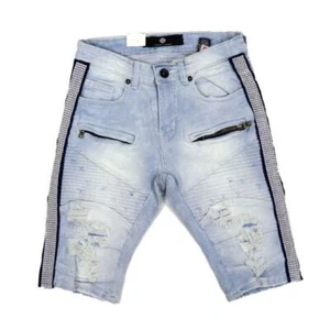 Men's Focus Blue/Silver Stone Striped Moto Destroyed Shorts Size 34 Brand New! - Picture 1 of 1