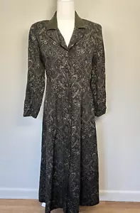 VTG 90s Jessica Howard Maxi Coat Dress-Olive Green Paisley-Suede Collar-Size 6 - Picture 1 of 7