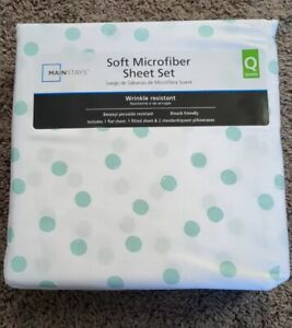Mainstays Soft Microfiber 4 Piece Sheet Set ~ Queen Size ~ white with green 