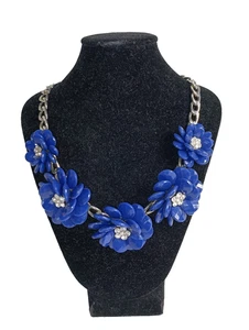 Königsblaue Blume Statement Halskette Silberfarben Kette Strass Floral Schmuck - Bild 1 von 6