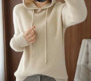 wool Sweater Knitted Loose Sleeve Hoodie LongNew cashmere Sweater Pullover - Picture 1 of 8