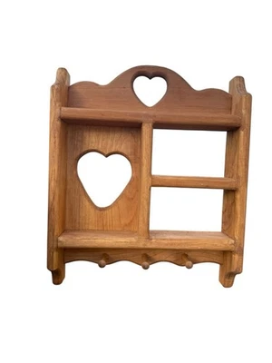 Vintage Heart Knick Knack Wooden Wall Shelf 11.5x13.5" Trinket 3 Hooks Cottage - Image 1 of 4