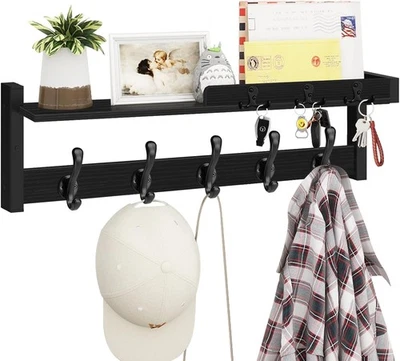 Black Wall Coat Rack 29" Wood Shelf with Hooks & Key Holder Entryway Organizer - Image 1 of 4