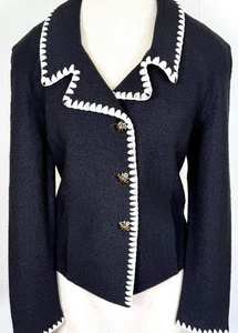 ST.JOHN JACKET BLACK TEXTURED KNIT WHITE TRIM POCKETS LOGO BUTTONS NWT SIZE 6 - Picture 1 of 4