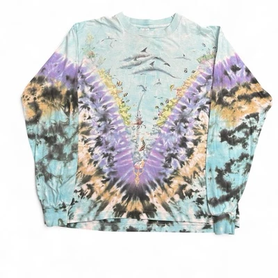 Vintage 90s Liquid Blue Dolphin Ocean Long Sleeve T-Shirt Large Tie Dye Fish AOP - image 1 of 4
