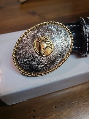 Child's 24-26 Black Leather Western Belt with Silver/Gold Horse Head Buckle  - Image 1 of 4