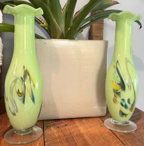 hand blown Green cased art glass vase ruffled rim bud vase Set Of Two - Picture 1 of 3