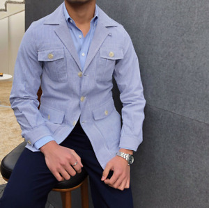 Classic Men's Suit Blue Stripe Slim Jacket Pants Business Formal Custom