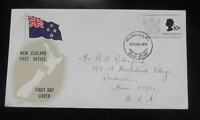 NEW ZEALAND FDC*Mar/12/1970*ROYAL STAMP*10c Stamp*Cachet*Map & Flag* - Image 1 of 2