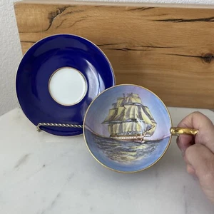 Handbemalte Segelklipper Schiff Aynsley Tasse & Untertasse England Kobaltblau C1234 - Bild 1 von 12