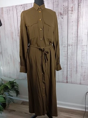 H&M Midi Shirt Dress Women’s 4 Long Sleeve Front Button Belted Pockets Green  - Image 1 of 4