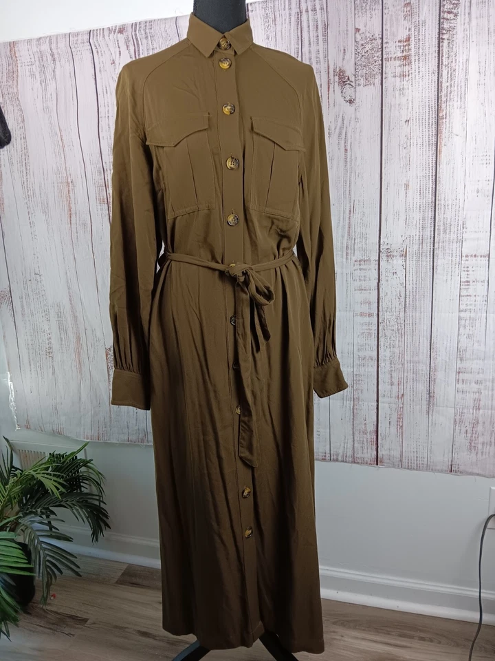 H&M Midi Shirt Dress Women’s 4 Long Sleeve Front Button Belted Pockets Green  - Image 1 of 4