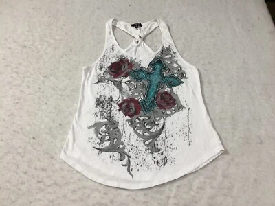 Ransom Tank Top Womens M  White Floral Sequin Cross Sleeveless Tribal Back Knot - Image 1 of 4