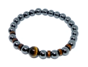 Schönes Armband für Frauen und Männer mit silbernen Steinen, Holz und Tigerauge - Bild 1 von 5