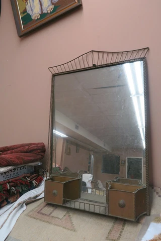 Vintage Entryway Brass Wall Mirror With Rack & Pockets 22" x 32" Cover