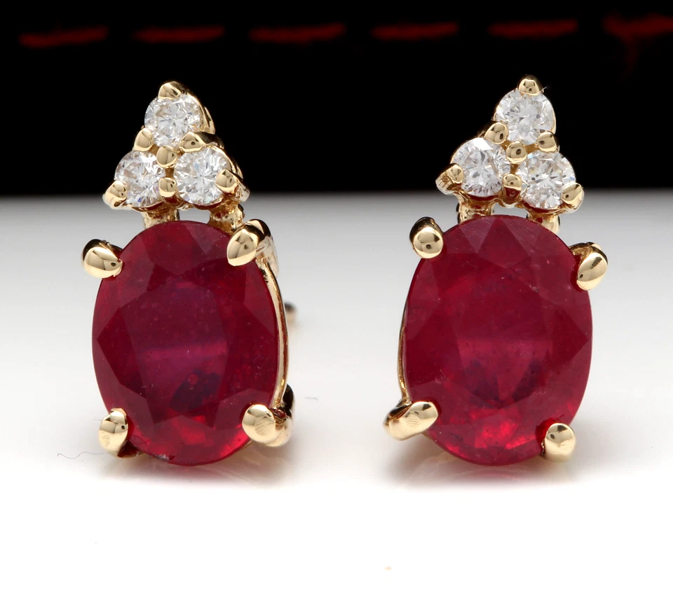 4.04 Carats Natural Red Ruby and Diamond Stud Earrings Solid 14K Yellow Gold k87 - Image 1 of 4