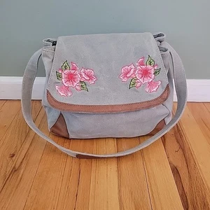 Mona B. Gardenia Shoulder Bag Purse Gray Pink Flower Fashion Recycled Fabric - Picture 1 of 9