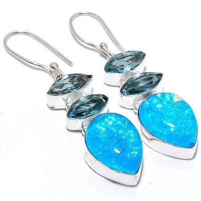 Triplet Fire Opal, Apatite Gemstone 925 Sterling Silver Jewelry Earring 2.2" - Image 1 of 4