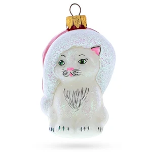 White Cat In Santa Hat Glass Ornament - Picture 1 of 5