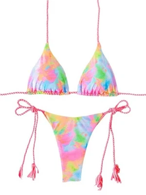 Pink, Blue, Green, Orange Tie Dyed Print String Top & Thong, Sz 6-10 womens - Image 1 of 4