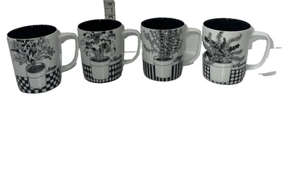 Juego De 4 Tazas Fitz And Floyd Tazas "Hierbas" Negro Blanco Caja Original FF 7/34 Foto 1 de 4