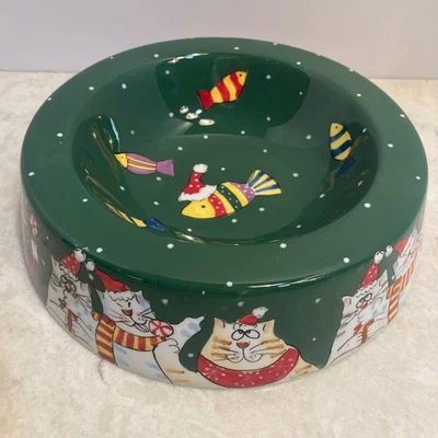 Кошачий корм миска для воды блюдо рождественский зеленый вручную керамический комический котенок - Изображение 1 из 4