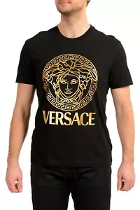 Versace Men's Black Short Sleeve Gold Medusa Logo Print T-Shirt US L IT 52 - Picture 1 of 6