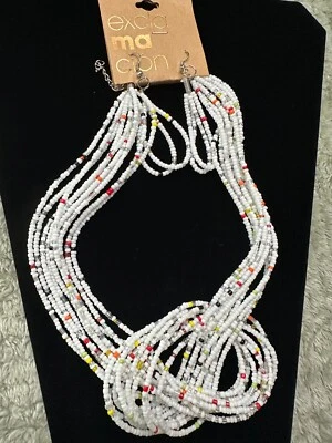 Juego de collar y pendientes de cuentas blanco, rojo, naranja, amarillo, negro, cuentas verdes Foto 1 de 3