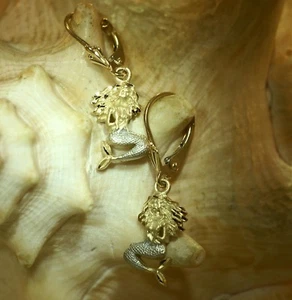 9.5MM 2-TONE 14K YELLOW GOLD DIAMOND CUT HAWAIIAN MERMAID LEVERBACK EARRINGS #H - Picture 1 of 8