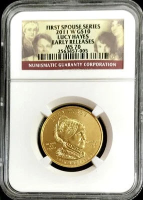 2011 W GOLD $10 LUCY HAYES 2,196 MINTED SPOUSE 1/2 oz NGC MS 70 EARLY RELEASES - Image 1 of 2