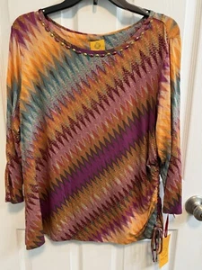 Ruby Rd XL Top Orange Drawstring Side Studded Scoop Neckline 3/4 Sleeves New - Picture 1 of 14