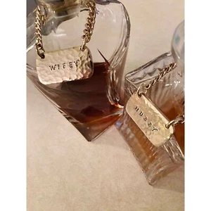 Hubby & Wifey Liquor Decanter Tag Label Hand-Stamp Thick Quality Hammered Brass - Picture 1 of 4