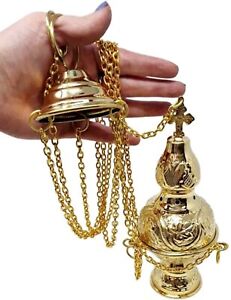Polished Brass Hanging Incense Burner Orthodox Censer, 8 1/2 In