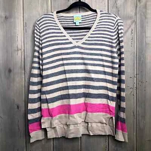 C&C California Tan, gray & pink Striped V-neck sweater, XS - Picture 1 of 9