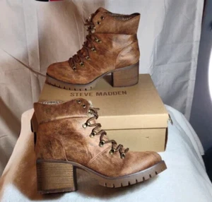 New in Box - Steve Madden - Brown Lace-Up Heeled Ankle Booties - Size 9.5 - Picture 1 of 14