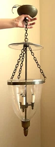 Superb Brass Glass Bell Jar 3-Light Pendant Chandelier Early/Mid 20th Century - Picture 1 of 11