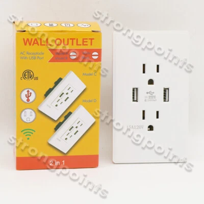15A  Electric Dual Plug Wall Socket Adapter 2 USB Port Outlet Plate Panel Switch - Image 1 of 4