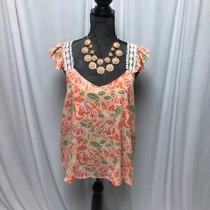 Cruel Top Womens Size Large Orange Green Floral Lace Ruffle V Neck Blouse NEW - Picture 1 of 6