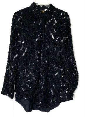 Creative Creations 黑色亮片串珠装饰丝绸衬衫礼服夹克大号 — 第 1/4 张图片