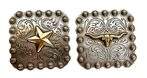 Set of 2 Square Screw-Back Conchos, Texas Star & Texas Longhorn , 2.25" by 2.25" - Picture 1 of 4