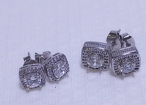 Aretes cuadrados de hip hop con halo de corte cojín para hombre (1 par 925 SS/ 1 par no) - Imagen 1 de 17