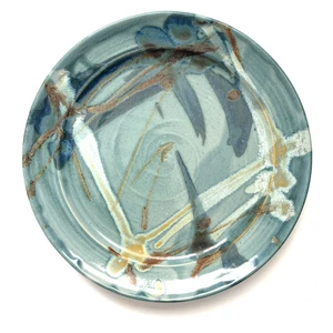Hand Thrown Studio Art Pottery 10.5" Plate signed Teal Blue Green Abstract - Picture 1 of 6