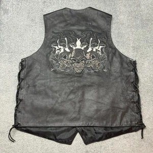 X Element Black Leather Biker Motorcycle Vest Skull Embroidered Size XL - Picture 1 of 7