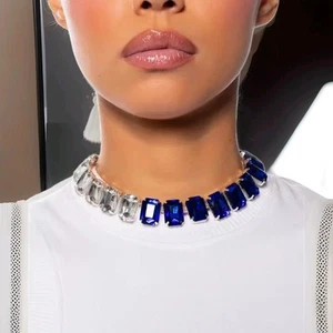 925 Silver Plated Duel Blue & Clear Flatback Necklace Lab-Created Swarovski - Picture 1 of 2