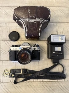 Canon AE-1 Program SLR Camera 50mm Lens + Albinar 100MDT-TWIN & Old Case - Picture 1 of 8